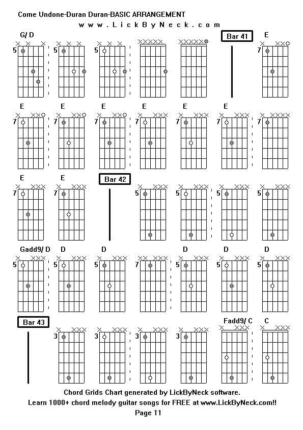 Chord Grids Chart of chord melody fingerstyle guitar song-Come Undone-Duran Duran-BASIC ARRANGEMENT,generated by LickByNeck software.